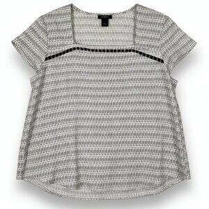 Ann Taylor Square Neck Blouse Black White Geometric Career Chic Top XL